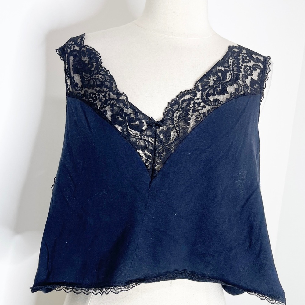 Bonjour Womens 3X Navy Black Lace Trim V-Neck Crop Top Cotton Made in USA